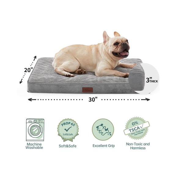 OhGeni Orthopedic Medium Dog Bed, Deluxe Cat Bed for Crates, Waterproof and Washable, 25D Egg Crate Foam Pad Anti-Slip Sleeping Mat for Medium, Small Pets Breeds, 30" x 20", Gray