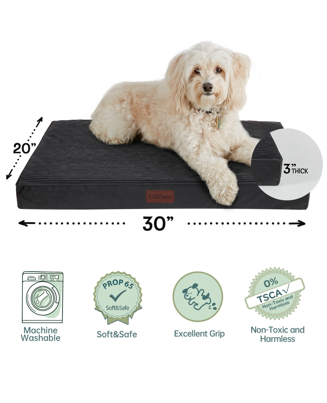 OhGeni Orthopedic Medium Dog Bed, Deluxe Cat Bed for Crates, Waterproof and Washable, 25D Egg Crate Foam Pad, 30" x 20", Black