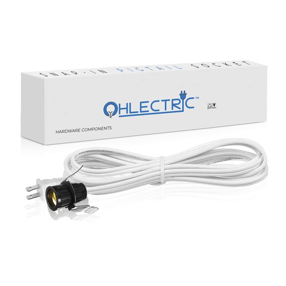 OhLectric Cord Set with Snap-in Pigtail Candelabra Base Socket - Electrical Light Cord - 6 Feet Wire and Socket - Extension Cord with 75 Watt/125V Power Rating, Great for Decoration, White - OL-39223