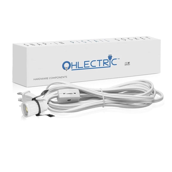OHLECTRIC Extension Cord Set with Inline Switch, Snap-In Pigtail Socket and Plug, Fits Candelabra Base Light Bulbs, White, OL-39940