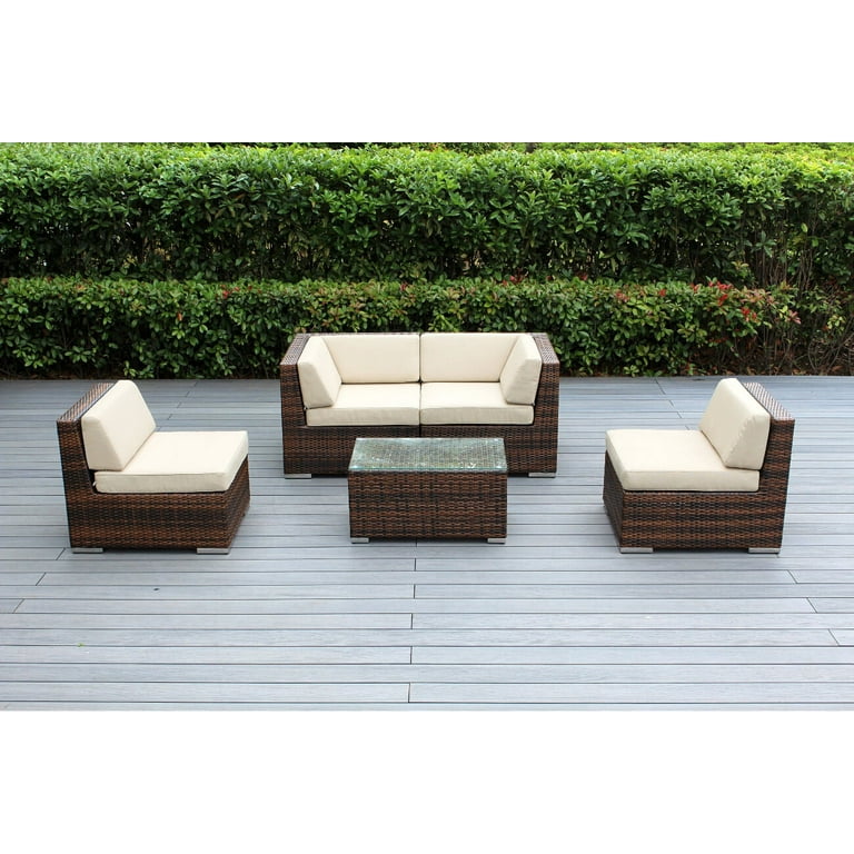 Ohana 5 Piece Outdoor Wicker Patio Furniture Sectional Conversation Set Mixed Brown Wicker Walmart