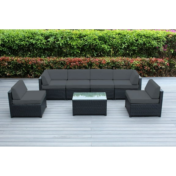 Ohana 7 Piece Outdoor Wicker Patio Furniture Sectional Conversation Set - Black Wicker