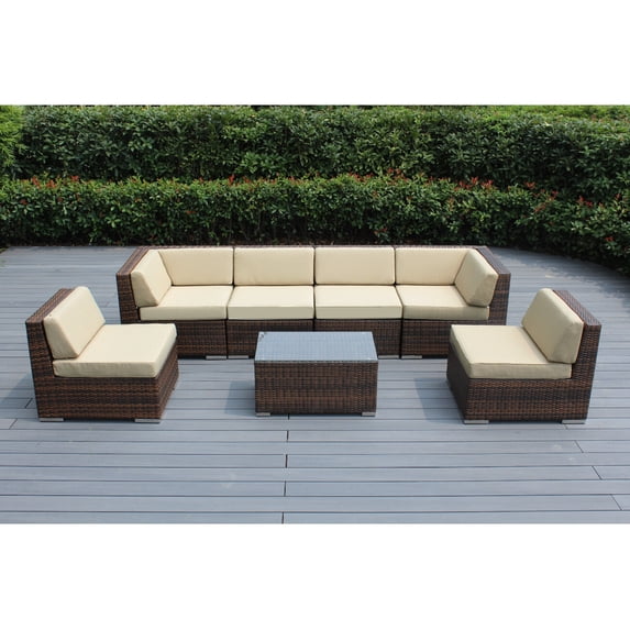 Ohana 7 Piece Outdoor Wicker Patio Furniture Sectional Conversation Set - Mixed Brown Wicker