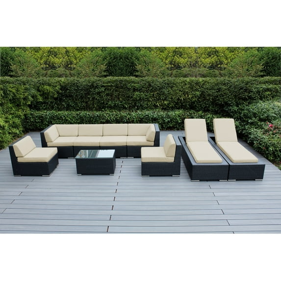 Ohana 9 Piece Outdoor Wicker Patio Furniture Sectional Conversation Set with Chaise Lounges - Black Wicker