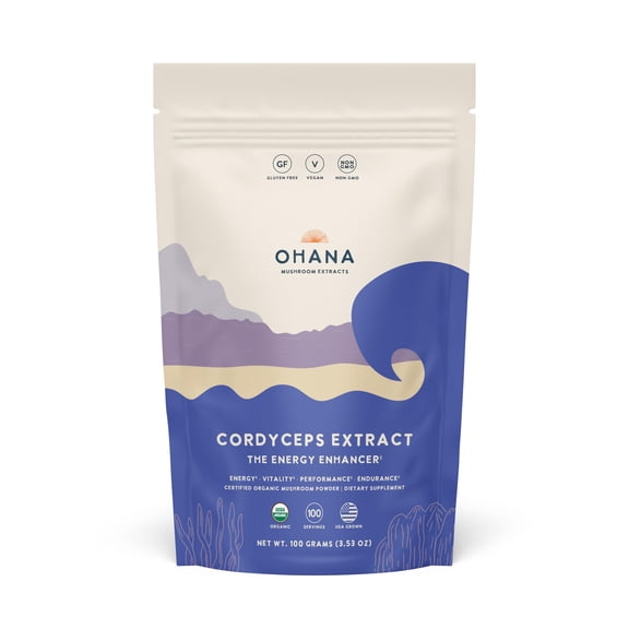 Ohana Cordyceps Extract, Organic Mushrooms Powder Blend, USDA-Organic Whole Food Mushroom Supplement, Non-GMO, Gluten-Free, 3.53 oz. Bag, Pack of 1