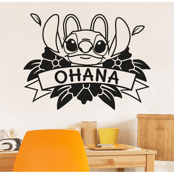 Ohana - Cute Angel Lilo And Stitch Disney Movie Character Stitch Experiment 624 Happy Smile Bedroom Wall Decal Art Sticker Design Kids Adults Girls Boys Room Bedroom Wall Decoration Size (24x40 inch)