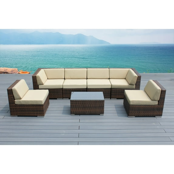 Ohana Depot Ohana Outdoor Patio 7 Piece Mixed Brown Wicker Sectional with Cushions - No Assembly Sunbrella Antique Beige
