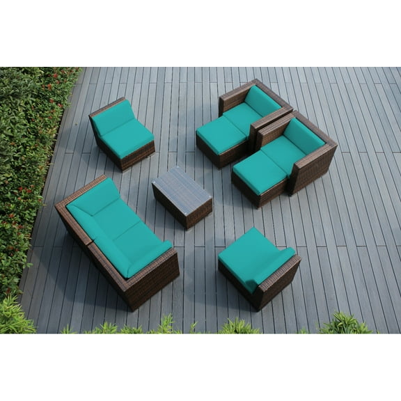 Ohana Depot Ohana Outdoor Patio 9 Pc Mixed Brown Wicker Seating Set with Cushions - No Assembly Turquoise