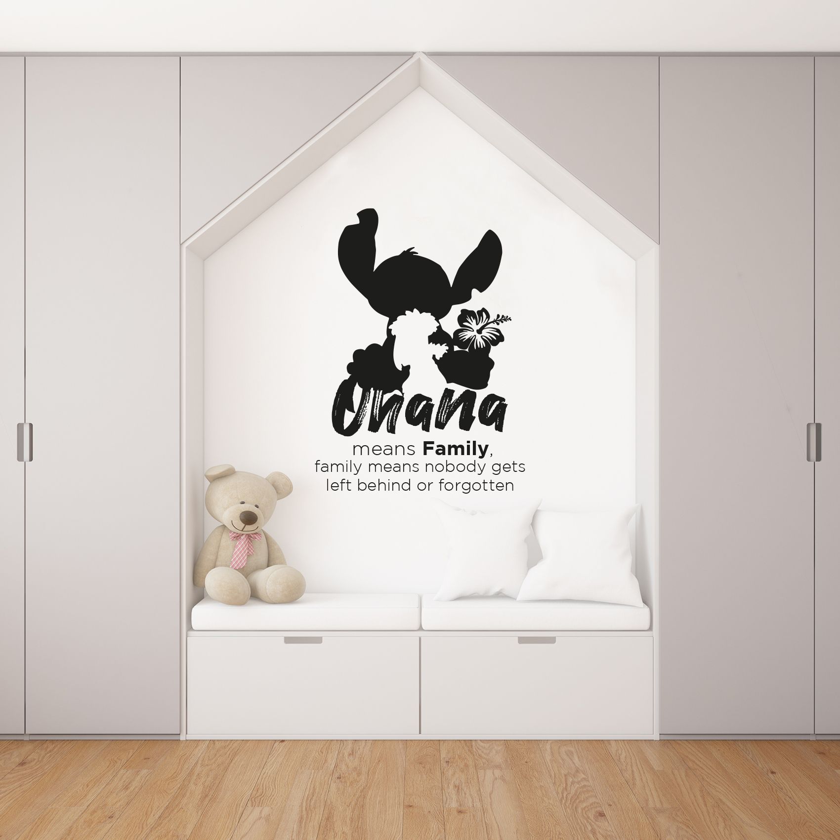 Ohana Means Family, Family Means Nobody Gets Left Behind Or Forgotten Lilo And Stitch Hibiscus Cute Silhouette Vinyl Wall Art Wall Sticker Wall Decal For Home Wall Decoration Décor Design (40x40 inch)
