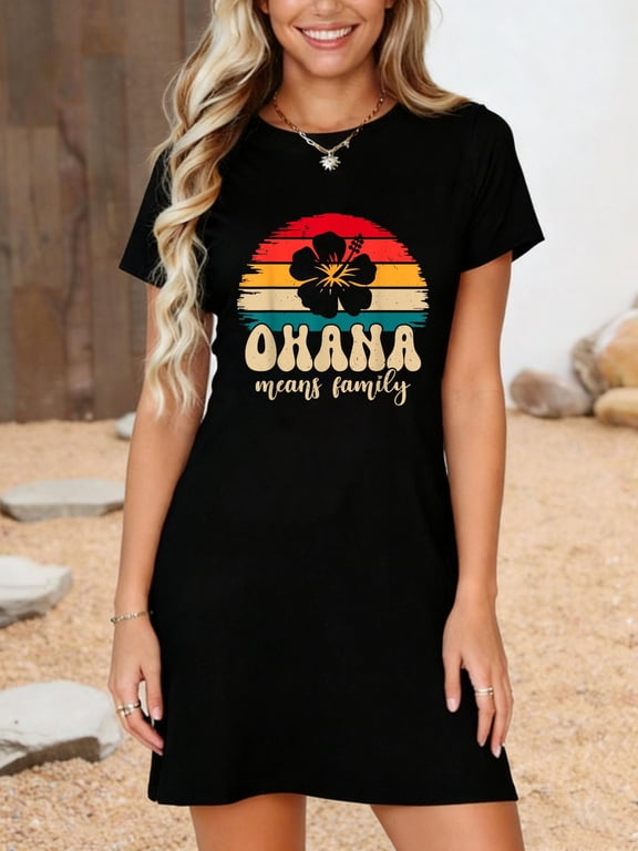 Ohana Means Family Hawaii Summer Vacation Holiday T-Shirt Dress Summer Vacation Dress Casual Resort Wear