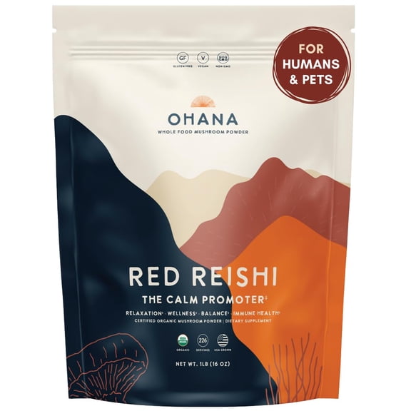 Ohana Red Reishi, Organic Mushrooms Powder Blend, USDA-Organic Whole Food Mushroom Supplement, Non-GMO, Gluten-Free, 1 lb Bag, Pack of 1