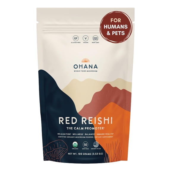 Ohana Red Reishi, Organic Mushrooms Powder Blend, USDA-Organic Whole Food Mushroom Supplement, Non-GMO, Gluten-Free, 3.53 oz Bag, Pack of 1