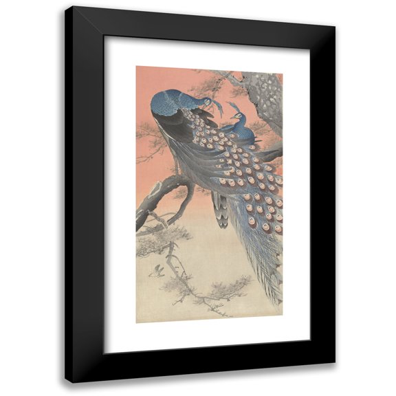 Ohara Koson 10x14 Black Modern Framed Museum Art Print Titled - Two Peacocks on Tree Branch (1900 - 1930)
