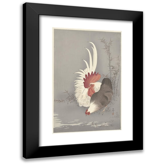 Ohara Koson 11x14 Black Modern Framed Museum Art Print Titled - Rooster and Chicken (1900 - 1930)