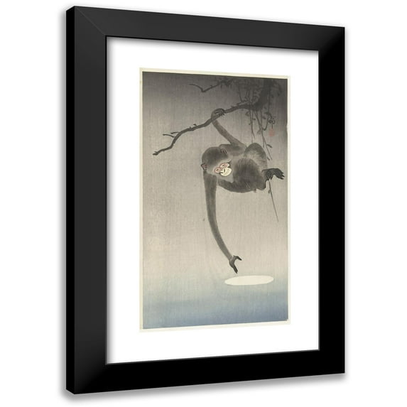 Ohara Koson 12x18 Black Modern Framed Museum Art Print Titled - Monkey and Reflection of the Moon (1900 - 1936)