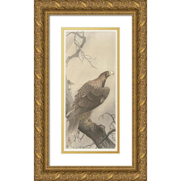 Ohara Koson 13x24 Gold Ornate Framed and Double Matted Museum Art Print Titled - Eagle on Tree Branch (1900 - 1910)