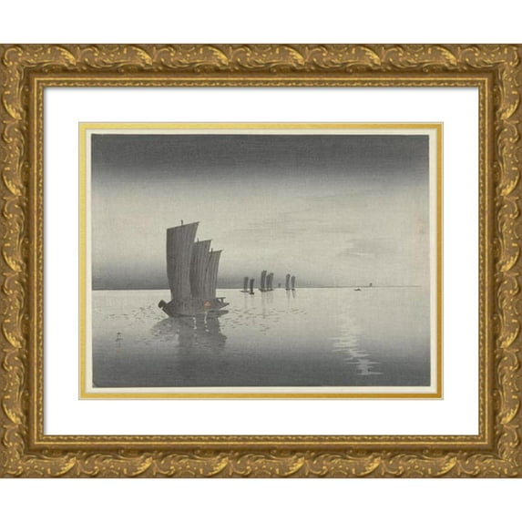 Ohara Koson 14x12 Gold Ornate Wood Frame and Double Matted Museum Art Print Titled - Fishing Boats (1900 - 1920)