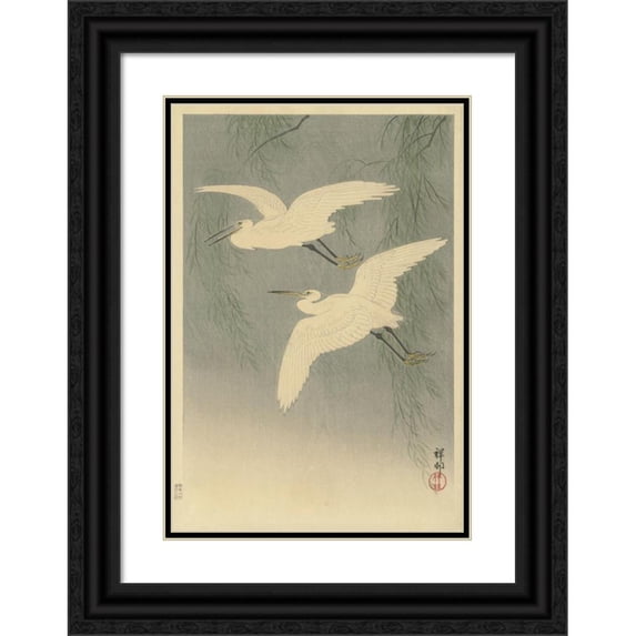 Ohara Koson 14x18 Black Ornate Wood Framed Double Matted Museum Art Print Titled - Little Egrets in Flight (1925 - 1936)