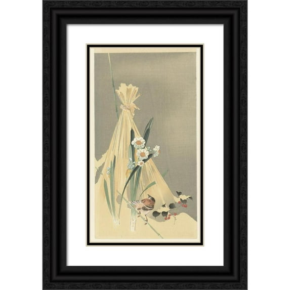 Ohara Koson 15x24 Black Ornate Framed Double Matted Museum Art Print Titled: Songbird at Hay Bundle (1900 - 1930)