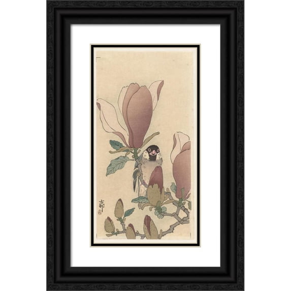 Ohara Koson 15x24 Black Ornate Framed Double Matted Museum Art Print Titled: Sparrow on Blooming Magnolia Branch (1900 - 1930)