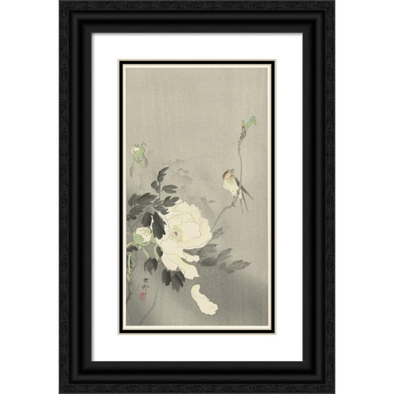 Ohara Koson 15x24 Black Ornate Framed Double Matted Museum Art Print Titled: Swallow with Peony (1900 - 1930)