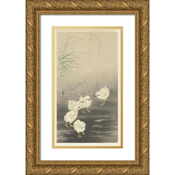 Ohara Koson 15x24 Gold Ornate Framed and Double Matted Museum Art Print Titled - Chicks and Worm (1900 - 1930)