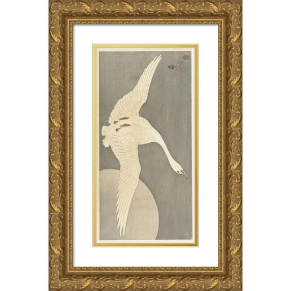 Ohara Koson 15x24 Gold Ornate Framed and Double Matted Museum Art Print Titled - Goose at Full Moon (1900 - 1910)