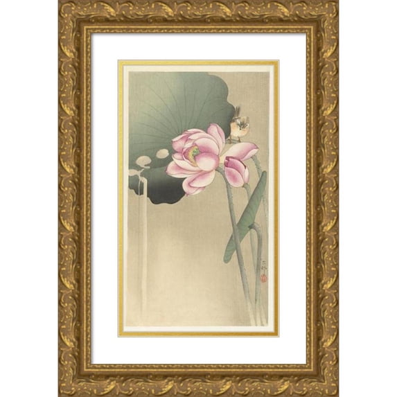 Ohara Koson 15x24 Gold Ornate Framed and Double Matted Museum Art Print Titled - Songbird and Lotus (1900 - 1936)