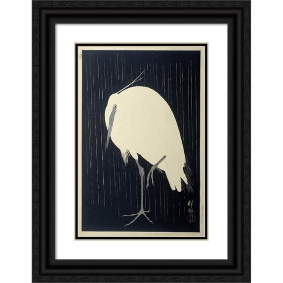 Ohara Koson 17x24 Black Ornate Framed Double Matted Museum Art Print Titled: Egret in the Rain (1925 - 1936)