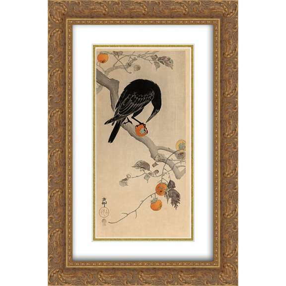Ohara Koson 2x Matted 16x24 Gold Ornate Framed Art Print 'Crow eating a Persimmon'