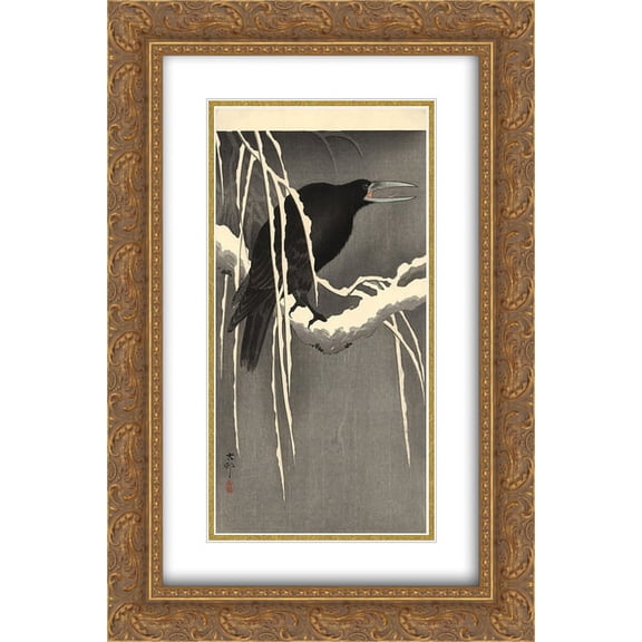 Ohara Koson 2x Matted 16x24 Gold Ornate Framed Art Print 'Crow on the snowy branch'