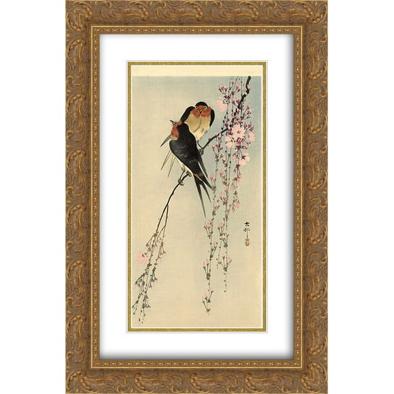 Ohara Koson 2x Matted 16x24 Gold Ornate Framed Art Print 'Two barn swallows on blossoming cherry'