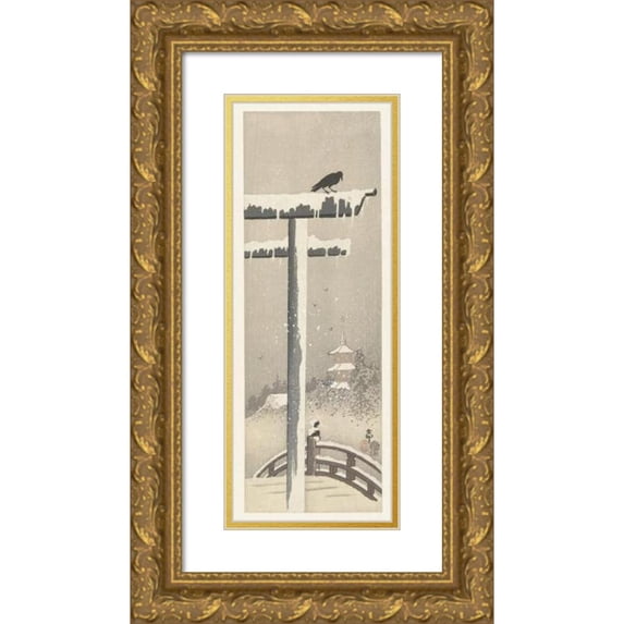 Ohara Koson 8x14 Gold Ornate Wood Frame and Double Matted Museum Art Print Titled - Torii in the Snow (1900 - 1910)