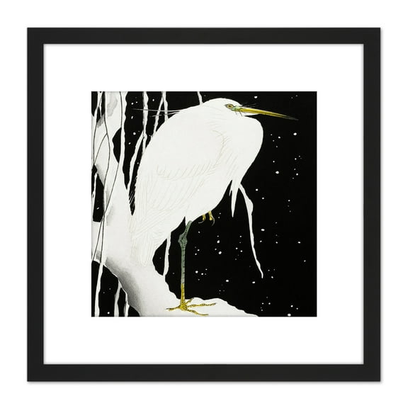 Ohara Koson Heron In Snow Japanese Painting 8X8 Inch Square Wooden Framed Wall Art Print Picture with Mount