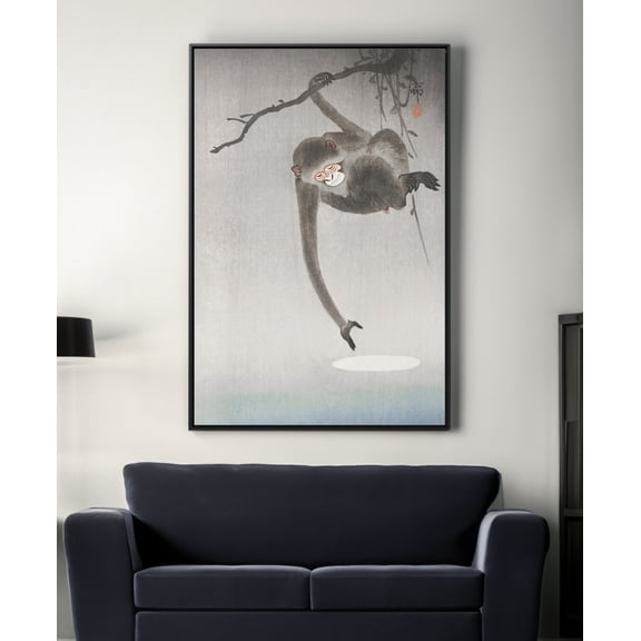 Ohara Koson Monkey and Moon Reflection Japanese Art Print, Unframed Canvas 8x10in