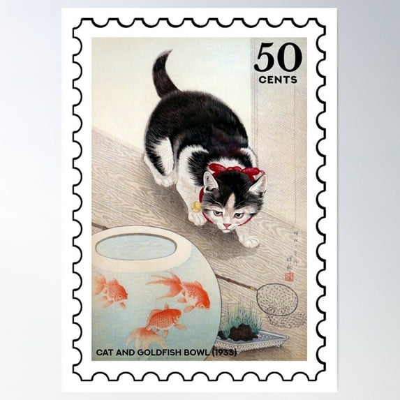 Ohara Koson'S Cat And Goldfish Bowl (1933) Stamp Poster Wall Art, Modern Wall Decor For Living Room Bedroom, 16x24 UNFRAMED
