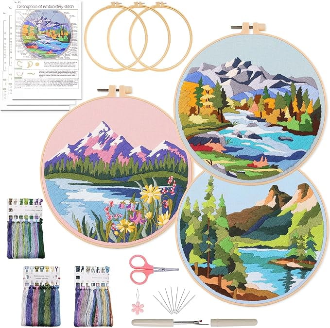 Ohcol 3 Sets Embroidery Kit for Beginners with 3 Hoops,Needlepoint Kits