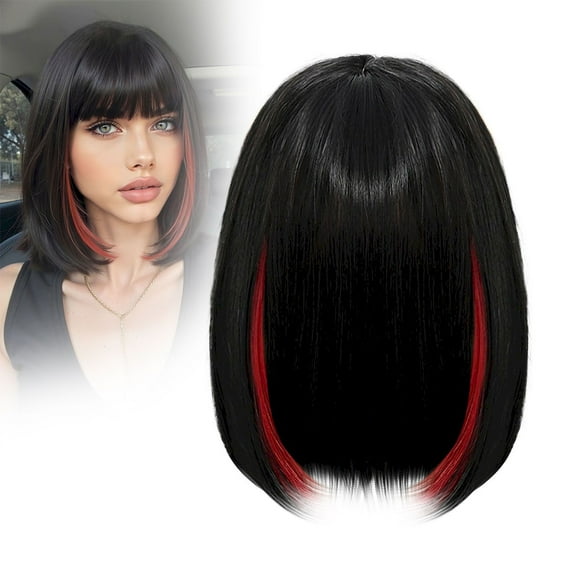 Ohh! WEIWEIGG Gradient Wig for Women, Black Red Highlight Short Wig, Short Straight Bang Hairpiece, Summer Natural Breathable, 9.8 Inch Daily Wear