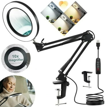 OhhGo 10X Magnifying Glass with Light and Stand, LED Magnifying Lamp Desk Lamp with Clamp 3 Color Modes, Adjustable 2-in-1 LED Lighted Magnifier for Craft Hobby Reading, Black