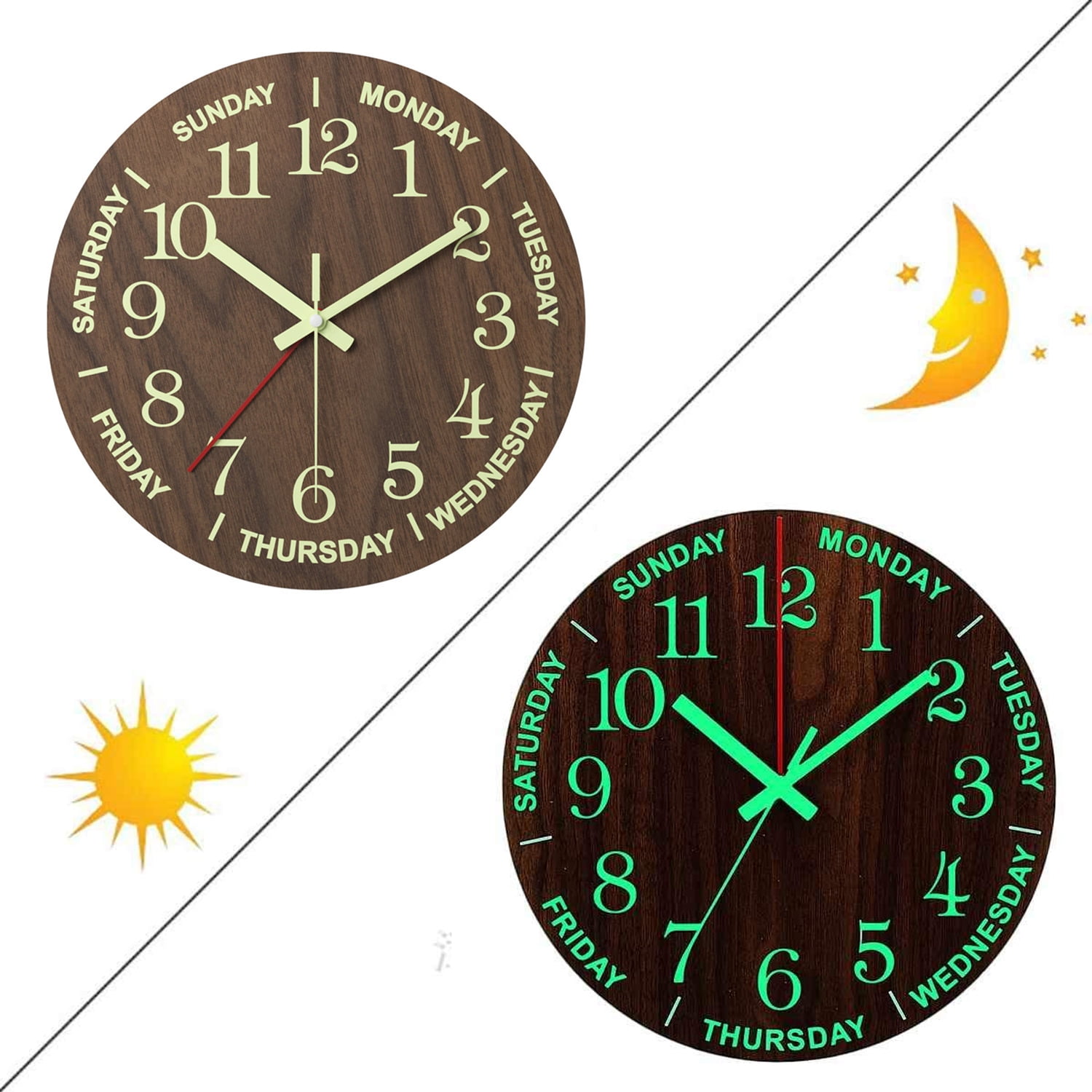 OhhGo 12" Luminous Wall Clock Silent Wooden Design Night Lights Round