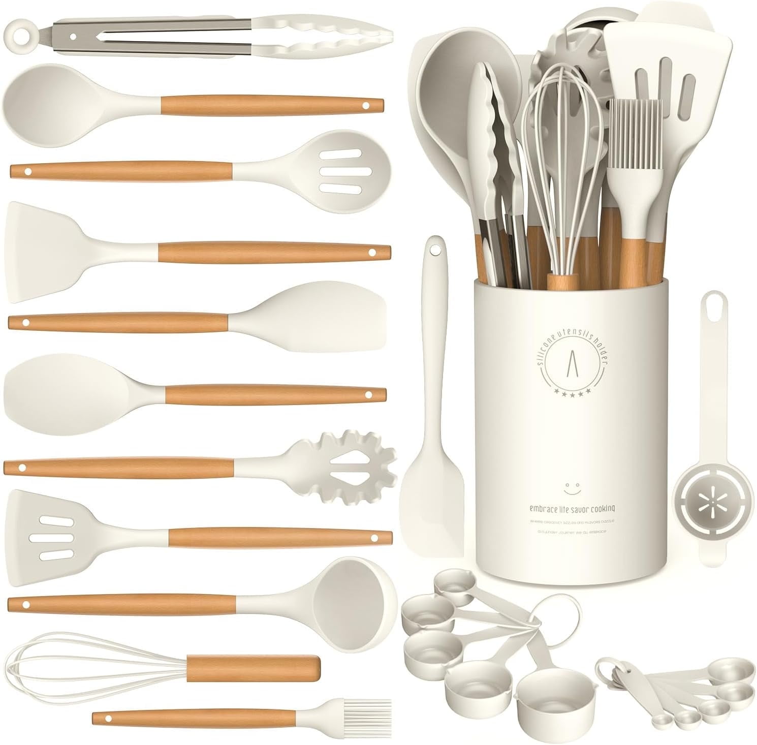 Cream White 33-Piece Silicone and Wood Cooking Utensil Set