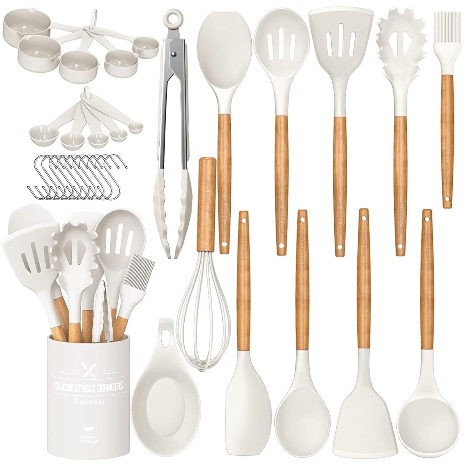 Cream White 33-Piece Silicone and Wood Cooking Utensil Set