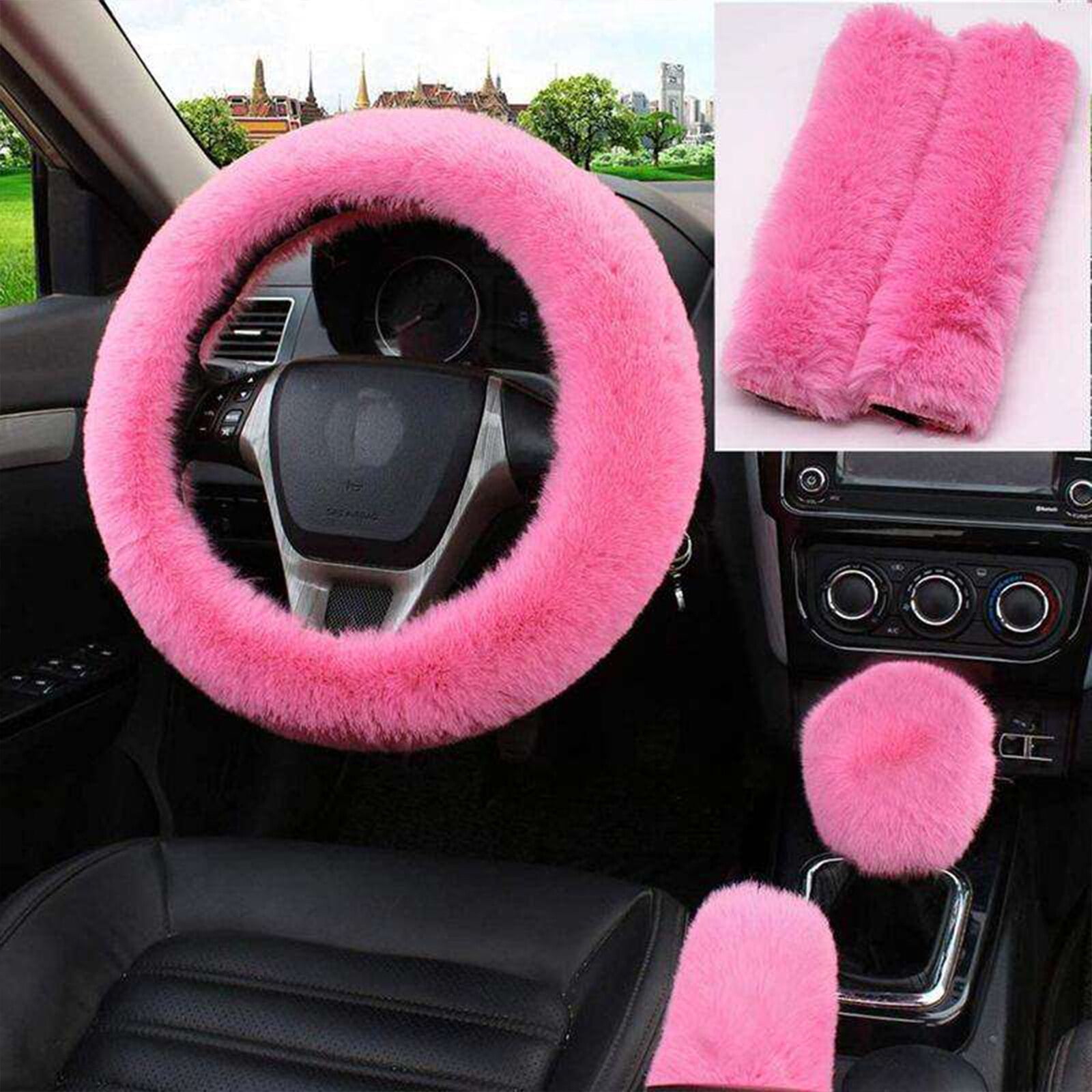 OhhGo 5 Pcs Fluffy Steering Wheel Covers Set,Fuzzy Steering Wheel Cover