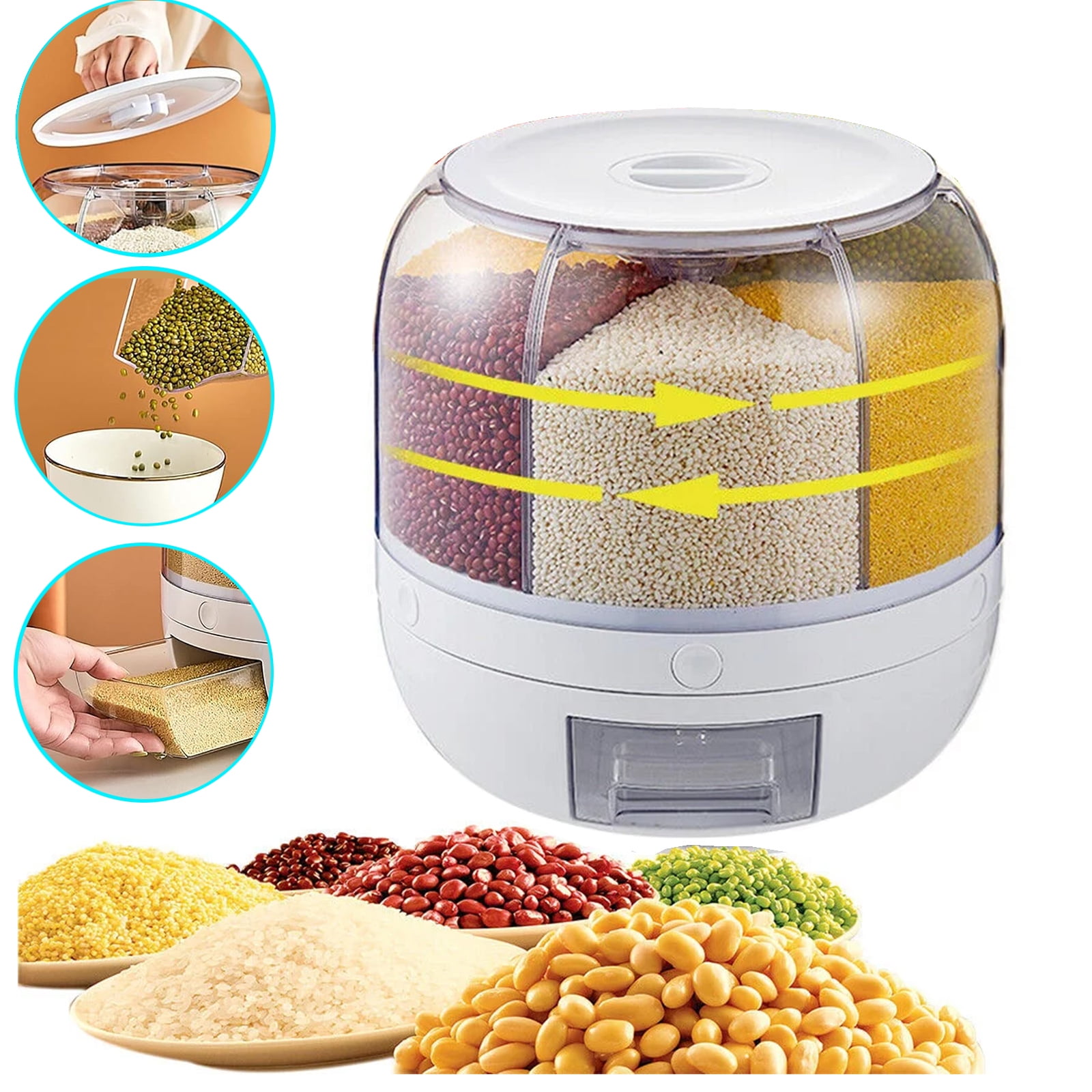 OhhGo 6 Grid Grain Dispense, Rotating Rice Dispenser Storage Container