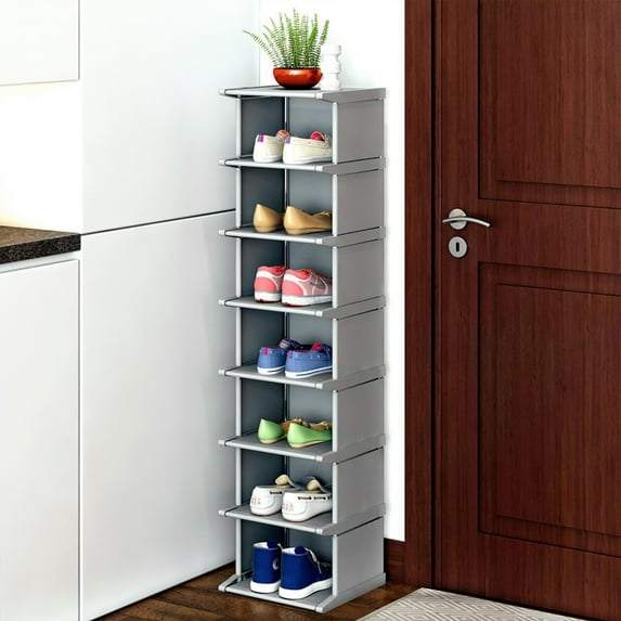 OhhGo 8 Tiers Shoe Rack, Vertical Narrow Shoe Shelf Storage Organizer Sturdy Space Saving, Tall Narrow Shoe Rack for Entryway Closet Hallway, Grey