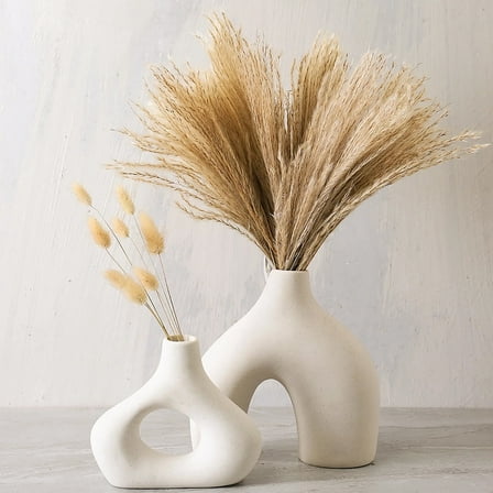 OhhGo Ceramic Vase Set of 2 for Modern Home Decor, Round Matte Donut Vases for Pampas Grass, Neutral Boho Nordic Minimalism Style Flower Vases for Living Room