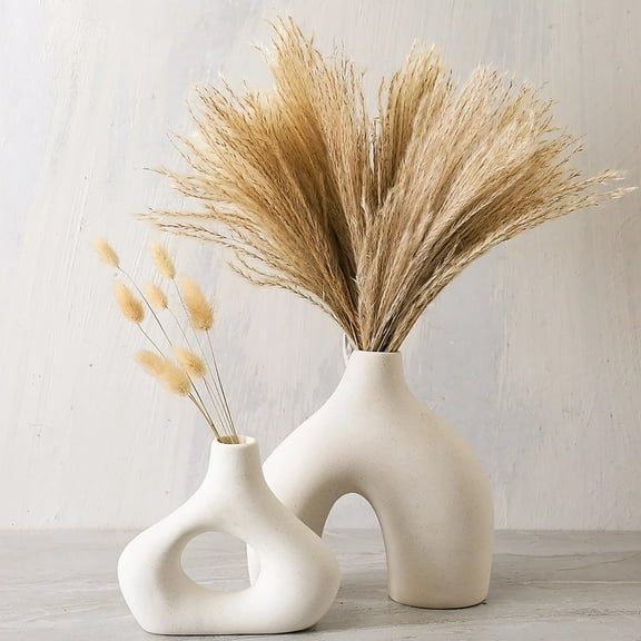 OhhGo Ceramic Vase Set of 2 for Modern Home Decor, Round Matte Donut Vases for Pampas Grass, Neutral Boho Nordic Minimalism Style Flower Vases for Living Room