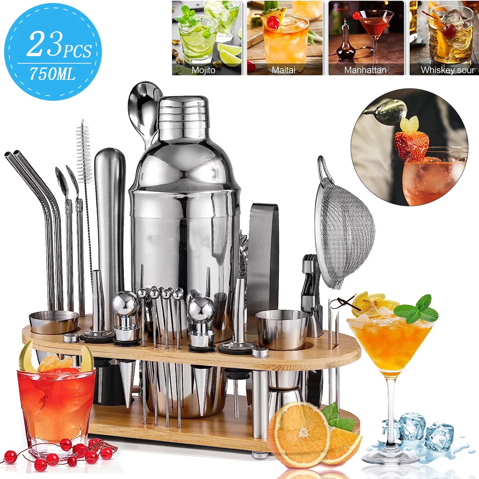 OhhGo Cocktail Shaker Set with Stand, 23 Pcs 750mL Stainless Steel