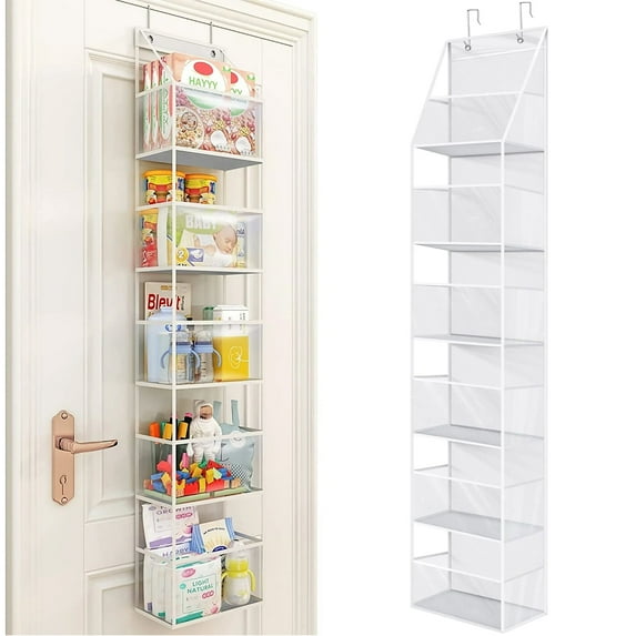 OhhGo Over The Door Hanging Pantry Organizer 6-Shelf Behind The Door Storage Organizer with Clear Plastic Pockets Large Capacity for Closet Bedroom Bathroom (White)