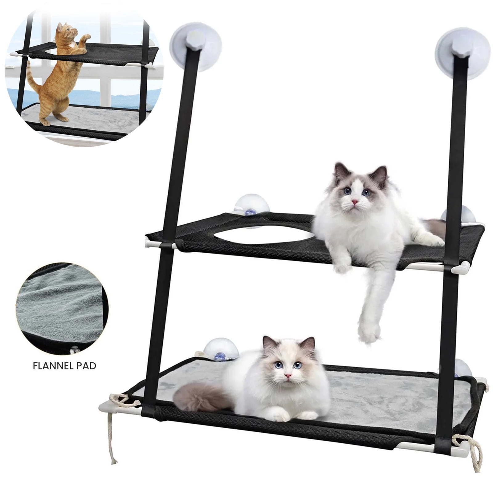 OhhGo Double Layer Cat Window Perch, Cat Hammock Sturdy Cat Window Bed Perch Furniture  Cat Shelf for Multiple Cats, Indoor Window Mounted, Black